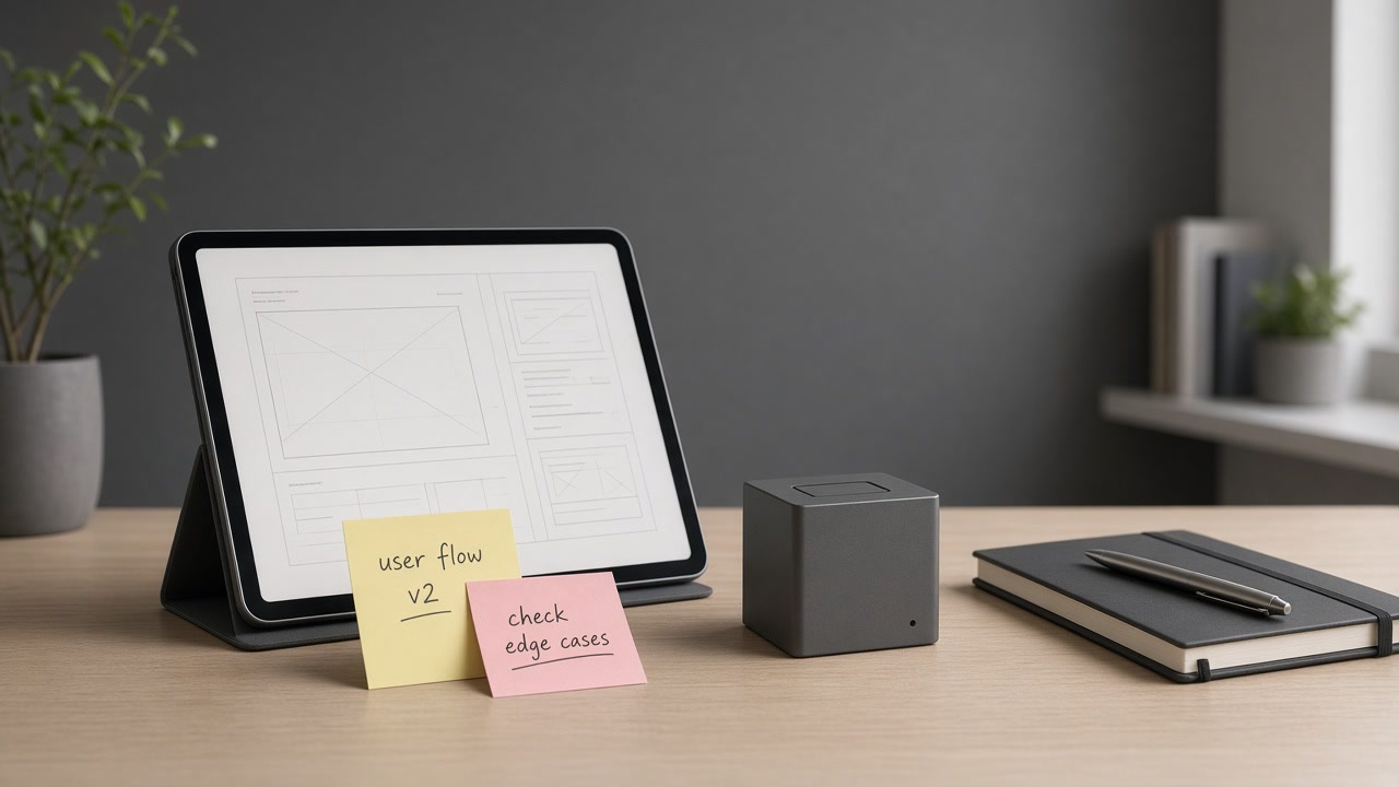 Prototyp-Desk mit Tablet und Notizen