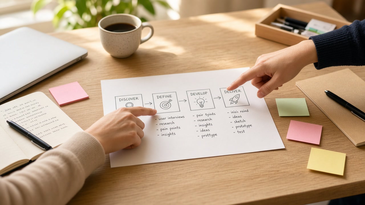 Workshop-Tisch: Notizen und Unterlagen — Prozess, kein Callcenter